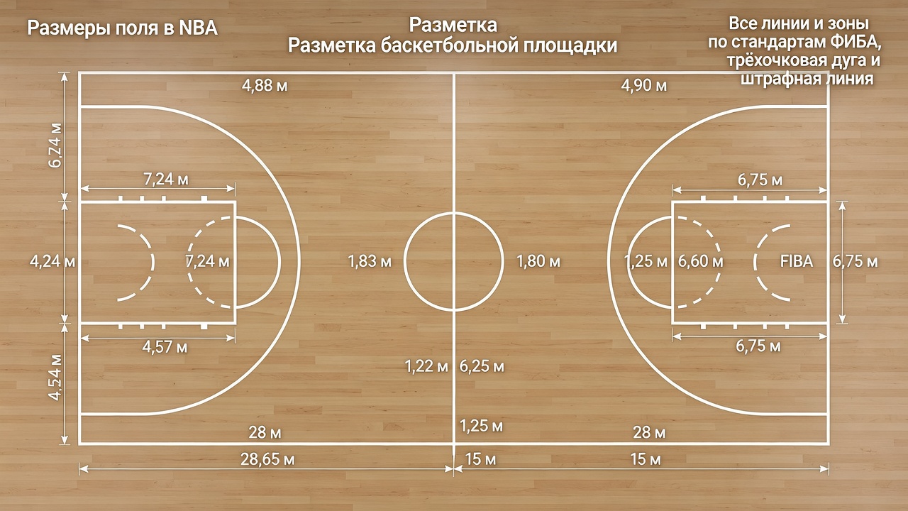 Размеры поля в nba - Разметка баскетбольной площадки - Все линии и зоны по стандартам ФИБА, трёхочковая дуга и штрафная линия